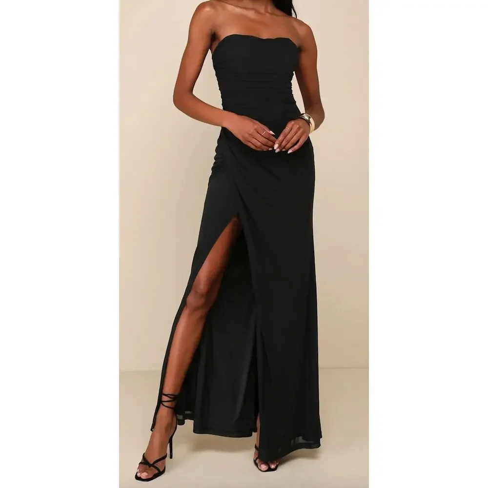NWT Lulus Epitome of Allure Black Mesh Strapless Ruched Maxi Dress Size Small - Picture 1 of 11